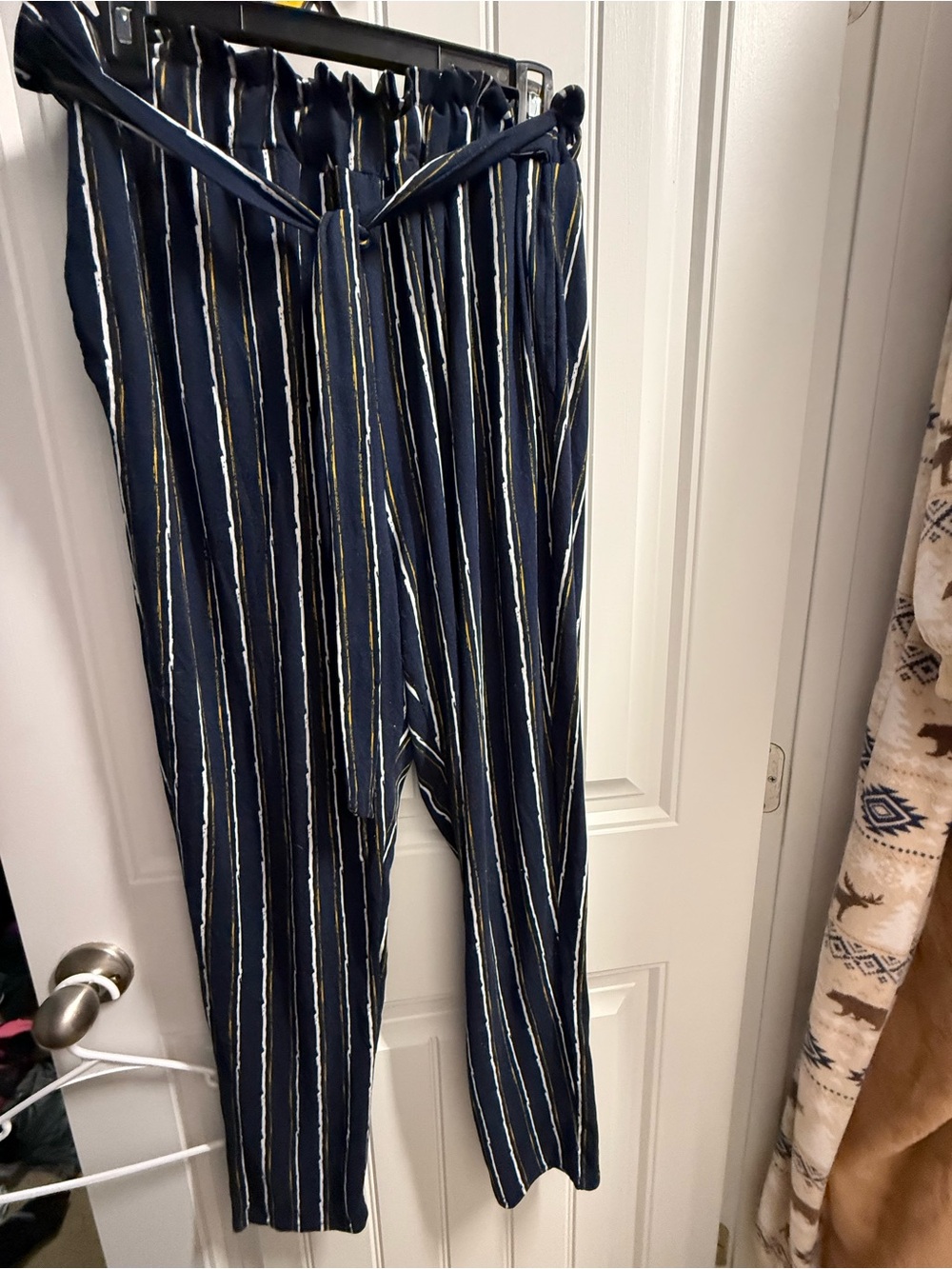 shosho Navy Striped Paperbag Waist Straight Leg Pants